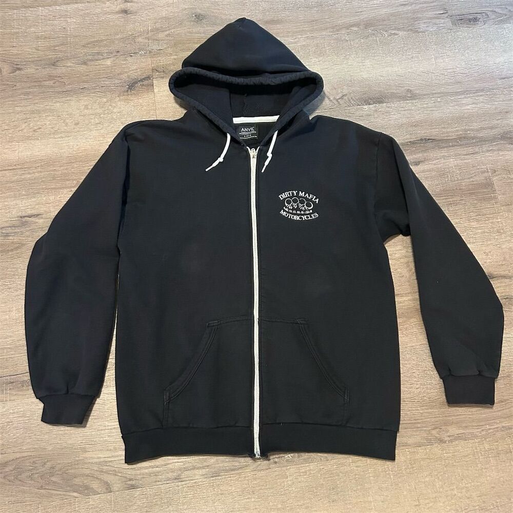Anvil Men's Black Motorcycle Hoodie L Full Zip Biker Style